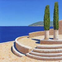 Coastal Stone Amphitheater with Cypress Trees under Bright Blue Sky photo