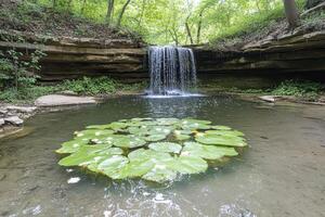 Lush Forest Waterfall Pond with Lily Pads Featuring White Flowers in Natural Sunlight photo