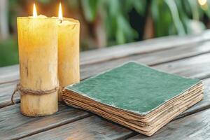 Yellow Candles and Green Books on Rustic Wooden Table photo