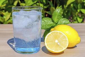 Sparkling Water in Tall Glass with Lemon and Mint on Wooden Table Under Sunlight photo