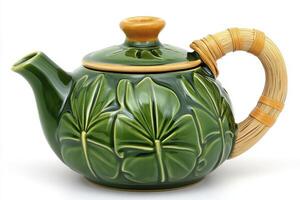 Green Ceramic Teapot with Leaf Design and Bamboo Handle photo