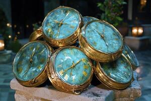 Elegant Stack of Golden Antique Timepieces with Teal Faces in Ambient Lighting photo