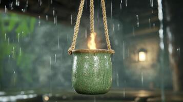 Green Ceramic Lantern Hanging in the Rain photo