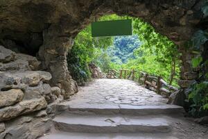 Stone Archway Path Leading to Lush Green Forest photo