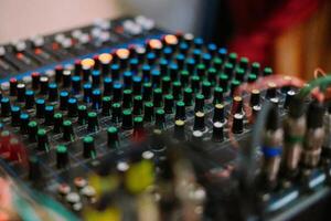 Sound mixing console with knobs and buttons for audio engineering photo