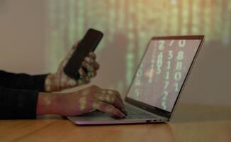 Hooded computer hacker use phone and stealing information with laptop. photo
