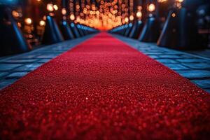 The red carpet leads to shimmering lights of golden bokeh. Generated by artificial intelligence photo