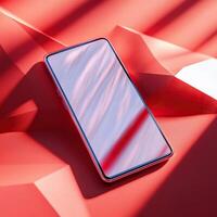 Smartphone mockup on red abstract background with gradient transition and shadows. Transparent screen mockup. Phone display. Device front view. Mobile technologies photo