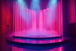 Round empty marble podium on bright neon background. Generated by artificial intelligence photo