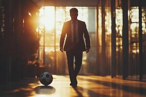 A coach in a business suit walks down of a modern office and kicks a soccer ball. Generated by artificial intelligence photo