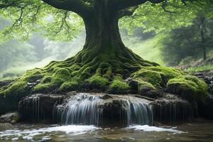 Enchanting tree with lush green foliage and expansive roots cascading over a tranquil stream. photo