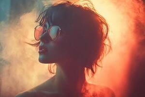 Portrait of a stylish young girl in dark glasses against the background of warm haze or clouds of smoke. Generated by artificial intelligence photo