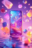 Modern smartphone design with fluid geometric shapes on a bright vertical background. Generated by artificial intelligence photo