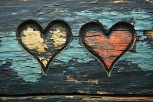 Two hearts are carved into the bark of a tree as a sign of love. Generated by artificial intelligence photo