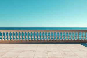 An empty observation deck with a white fence and columns overlooking a calm ocean on a sunny day. photo