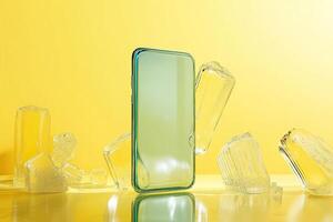 Realistic smartphone with abstract 3D floating figures on yellow background. Generated by artificial intelligence photo