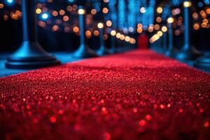 Close up of shimmering red carpet with metal railing. Generated by artificial intelligence photo