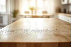 Empty wooden kitchen countertop for product display. Generated by artificial intelligence photo