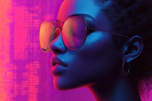 Cyberpunk concept. Dark-skinned cyberpunk girl in sunglasses against the background of neon digital code. Game, virtual reality. photo