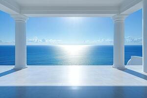 Modern architectural design with minimalist structure and columns overlooking the vast, calm ocean. photo
