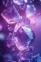 Purple ice cube background, ice cube texture. Ice cube vertical wallpaper. Ice drinks for soft drink business. Generated by artificial intelligence photo