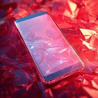 A smartphone with a transparent screen lies on a red crystal background. Device front view. Mobile technologies photo