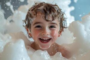 Happy funny child laughing and bathing in a bathtub full of foam. Generated by artificial intelligence photo