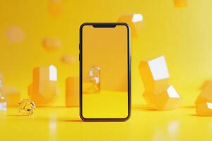 Mockup of a smartphone with a transparent screen on a bright yellow background. Generated by artificial intelligence photo