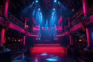 Illuminated interior of a nightclub with colorful stage lights photo