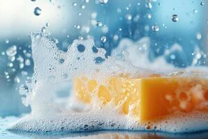 Close up of foam soap sponge with foam and water droplets photo