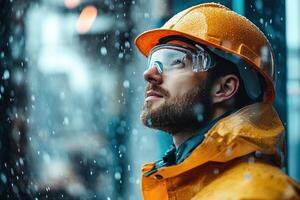 A construction worker wearing a helmet in the rain reflects on the weather conditions photo
