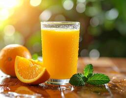 Refreshing Orange Juice On Rustic Wooden Table photo
