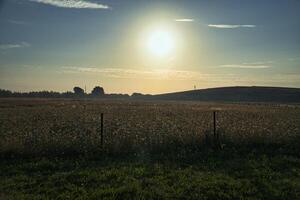 Sunset over a wide field with rolling hills in background photo