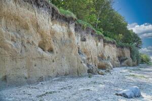 Sandy cliffs with colorful layers of clay, dense vegetation on the edge photo