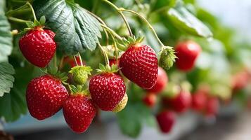 Ripe strawberries growing on the vine in a summer garden photo