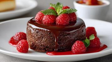Decadent chocolate fondant with fresh raspberry coulis photo