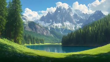 Serene mountain lake surrounded by lush forests photo