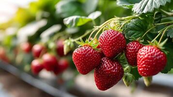 Ripe strawberries growing on the vine in a garden photo
