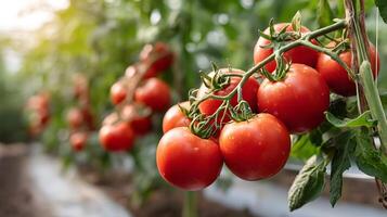 Ripe red tomatoes growing on the vine in soft sunlight photo