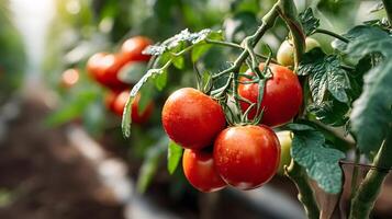 Ripe tomatoes on the vine with soft sunlight photo