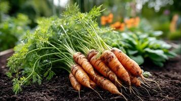 Freshly harvested carrots with green tops in a vibrant summer garden long title Freshly harvested photo