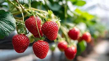 Fresh strawberries growing on the vine in a summer garden photo