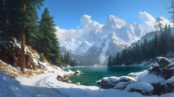 Majestic mountain landscape in winter with a frozen lake photo