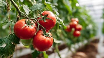 Ripe red tomatoes growing on the vine with soft sunlight filtering through photo