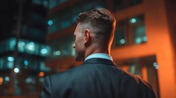 Business professional in a suit leaving office at night photo