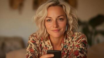 Woman using mobile phone at home photo