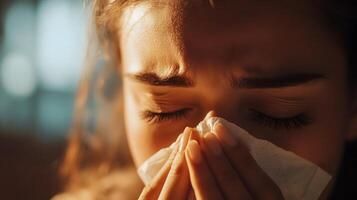Sick woman resting and blowing nose in bedroom photo
