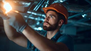 Technician installing and testing energy efficient LED lighting systems in a modern commercial photo