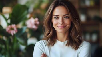 Confident woman smiling in a retail or small business setting photo
