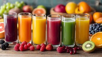 Fresh fruit juices on a vibrant wooden table photo